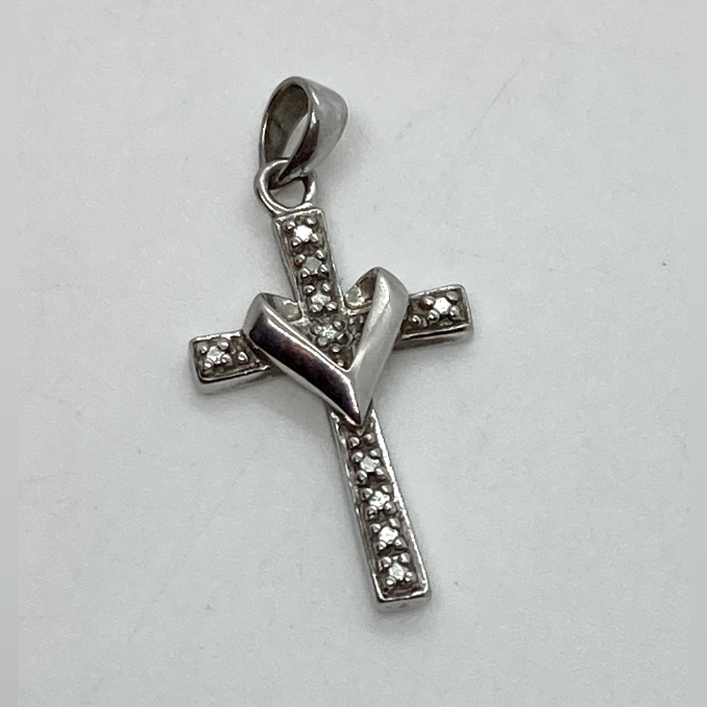 Vtg 925 Sterling Silver & Cubic Zirconia Stone Cross Pendant | 1.1” L x .5” W